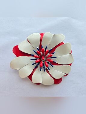 Vintage Mid Century Metal Enamel Flower Brooch Red White & Blue 4th of July